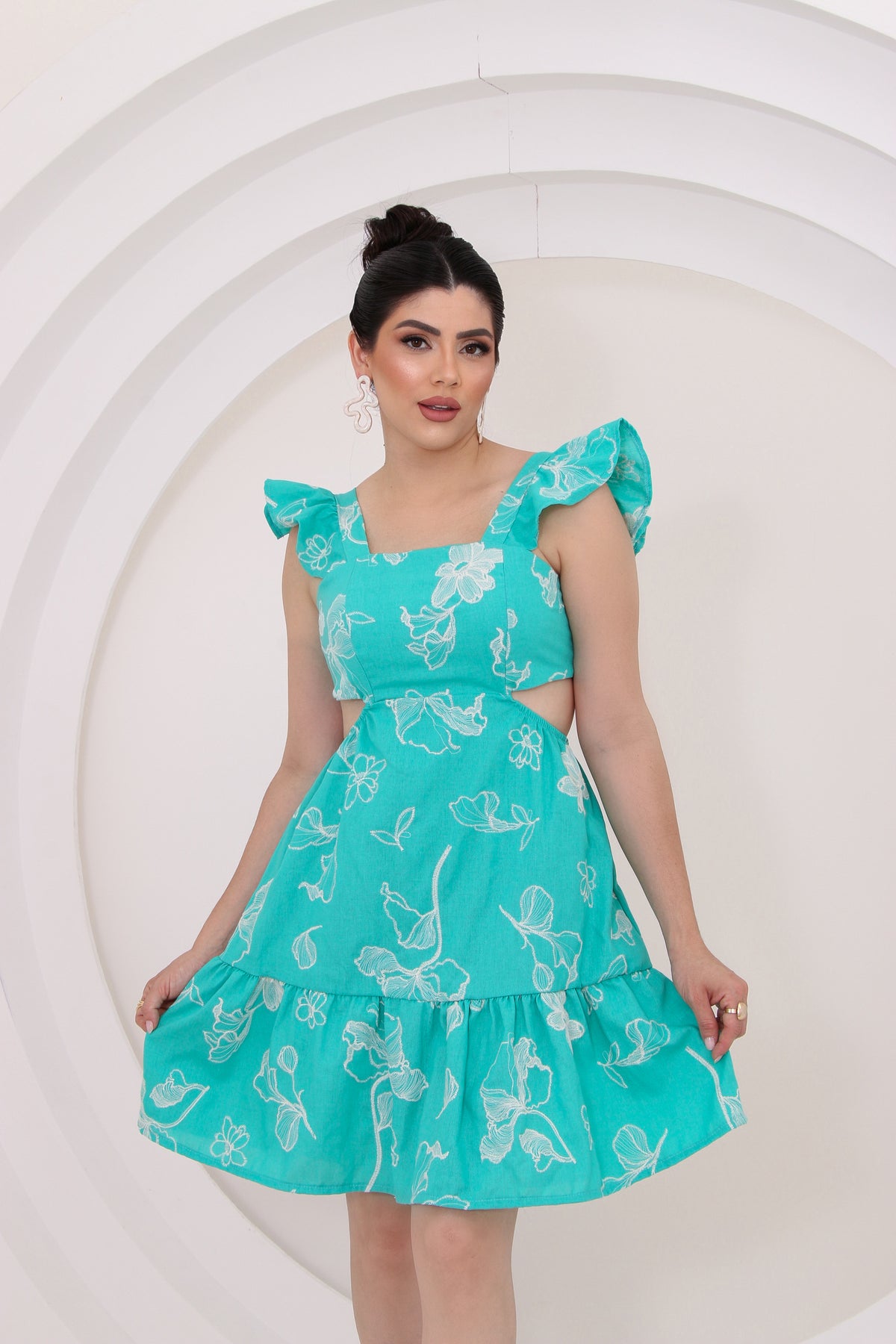 Vestido Curto Bordado Verde Aqua - Sophia