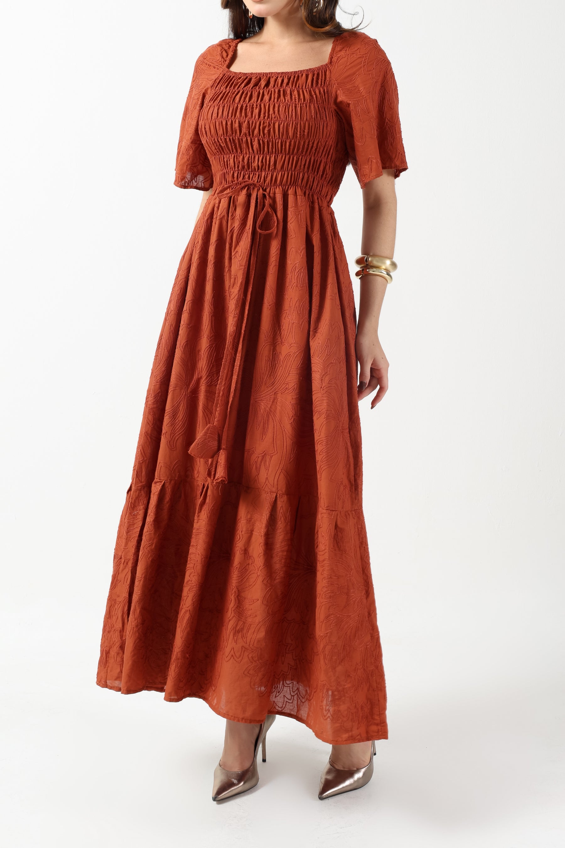 VESTIDO LONGO RECHILIEU ALGODÃO