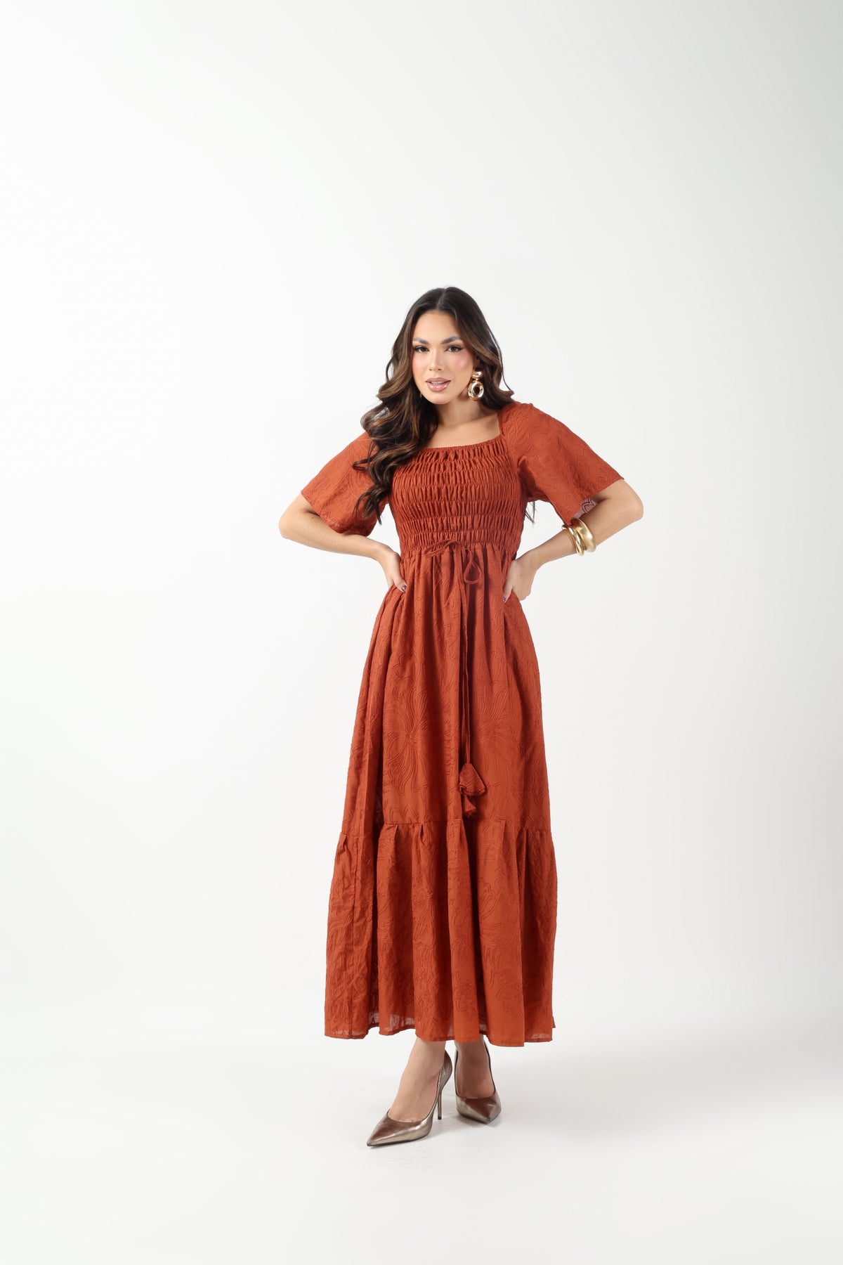 VESTIDO LONGO RECHILIEU ALGODÃO