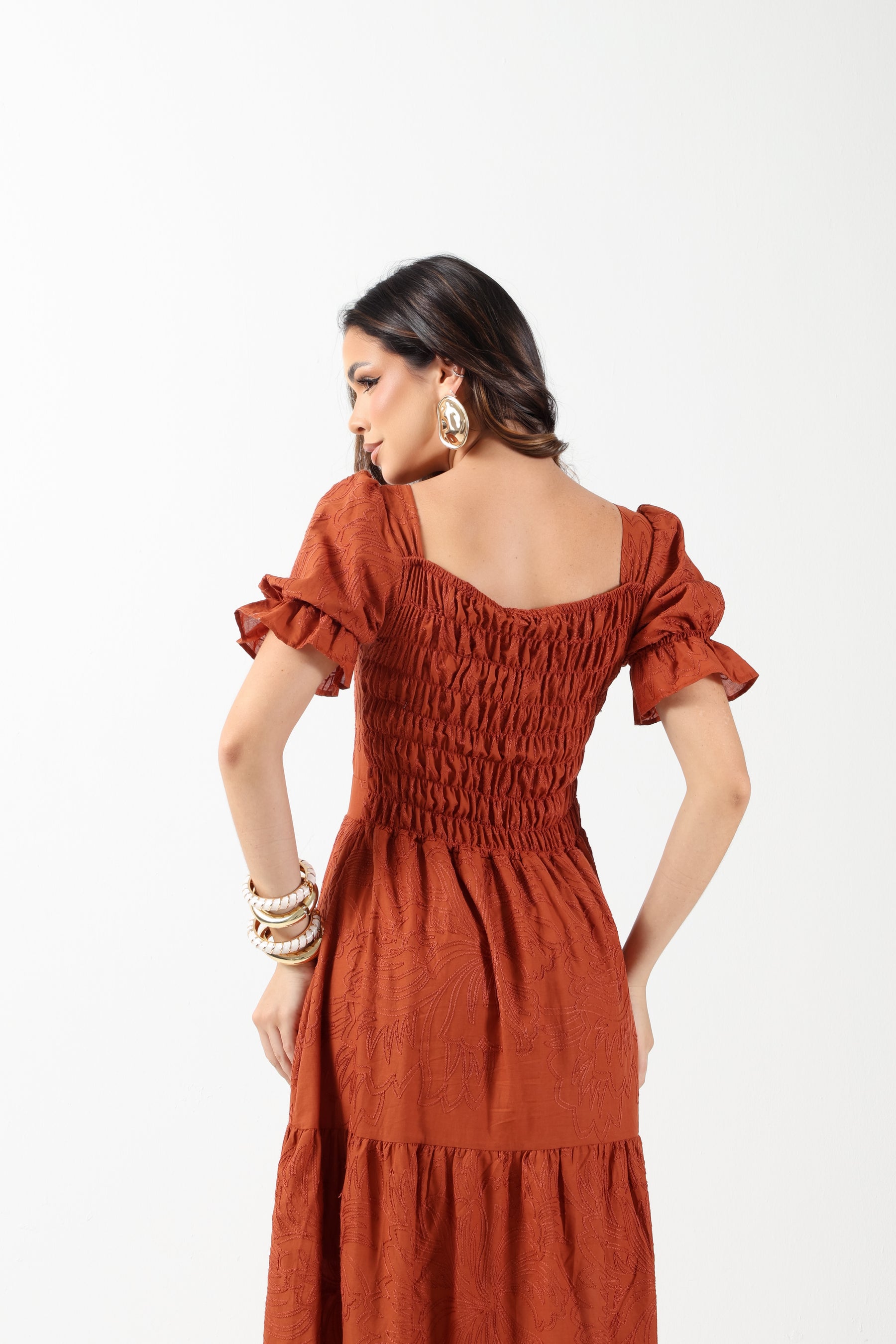 VESTIDO LONGO RECHILIEU ALGODÃO